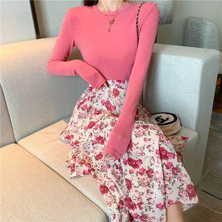 Long-sleeve Plain T-shirt / High-waist Layered Pleated Floral Skirt