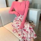 Long-sleeve Plain T-shirt / High-waist Layered Pleated Floral Skirt