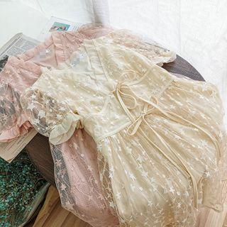 Star Print Puff-sleeve Mini A-line Mesh Dress