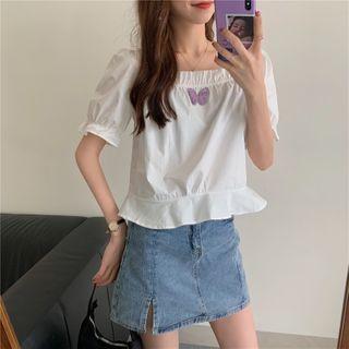 Balloon-sleeve Butterfly Applique Blouse