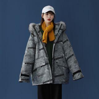 Melange Letter Printed Faux Furry Hood Zipped Coat