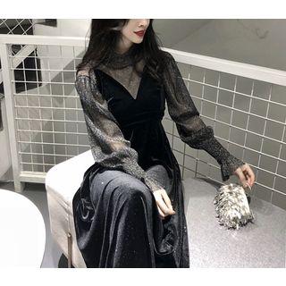 Set: Glitter Long-sleeve Mesh Top + Plain Spaghetti Strap Midi A-line Dress