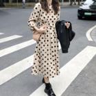 Polka Dot Long-sleeve A-line Midi Dress Black Dots - Almond - One Size