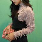 Mock-neck Fringed Textured Sheer Top