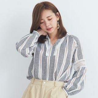 Mandarin Collar Lace Trim Pattern Blouse