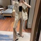 Short-sleeve Double Breasted Blazer / Striped Wide-leg Pants