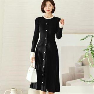 Faux-pearl Button Pleated Knit Dress