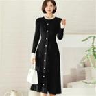 Faux-pearl Button Pleated Knit Dress