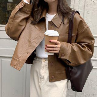 Faux Leather Button-up Cropped Jacket