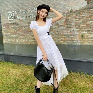 Puff-sleeve Lace Trim Dip-back Mini A-line Dress