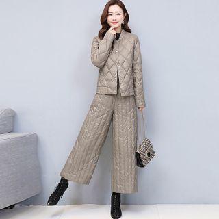 Set Of 2: Long-sleeve Plain Padded Jacket + Pants