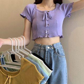 Short-sleeve Bow Lace-up Cropped Knit Top