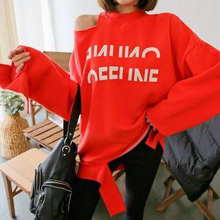 Lettering Ripped Brushed-fleece Lined Sweatshirt