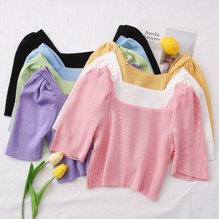 Square-neck Puff-sleeve Crop Knit Top In 7 Colors