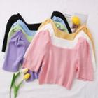 Square-neck Puff-sleeve Crop Knit Top In 7 Colors