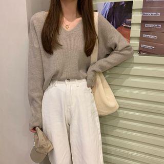 V-neck Plain Oversize Knit Cropped Top