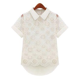 Perforated Short Sleeve Chiffon Shirt
