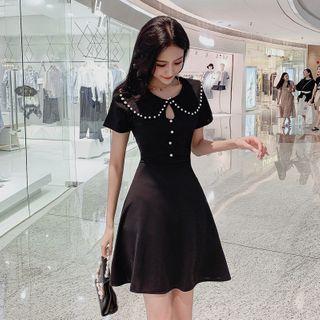 Short-sleeve Faux Pearl Keyhole A-line Dress