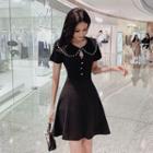 Short-sleeve Faux Pearl Keyhole A-line Dress