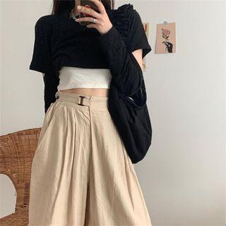 Long-sleeve Crop T-shirt / Plain Wide-leg Pants