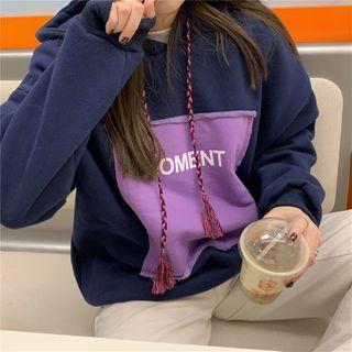 Lettering Print Tasseled Hoodie Navy Blue - One Size