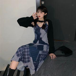 Long-sleeve Cropped Top / Spaghetti Strap Patchwork Midi Dress