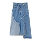 Distressed Asymmetrical A-line Denim Skirt / Chain Belt