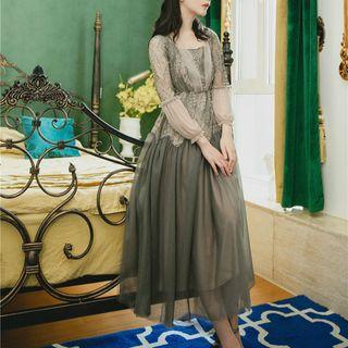 Lace Panel Midi A-line Mesh Dress