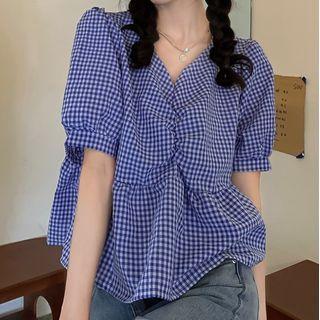 V-neck Shirred Gingham Blouse