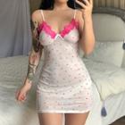 Heart Dotted Lace Trim Mesh Spaghetti Strap Skinny Dress
