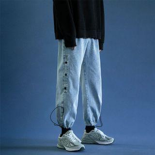 Drawstring-cuff Side-button Straight-leg Jeans