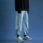 Drawstring-cuff Side-button Straight-leg Jeans