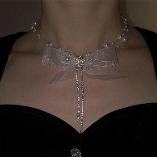 Ribbon Mesh Faux Pearl Choker Silver - One Size