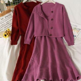 Set: Crew-neck Cardigan + Sleeveless Knit Midi Dress