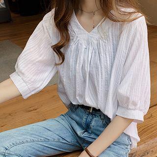 Elbow-sleeve V-neck Sheer Blouse
