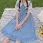 Puff-sleeve Frill Trim Collared Blouse / Midi A-line Overall Dress
