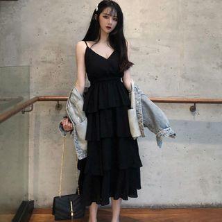 Spaghetti-strap Layered Midi A-line Dress