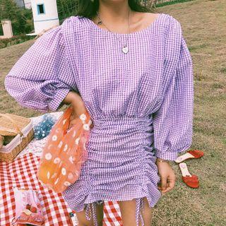 Long-sleeve Drawstring Plaid Mini Sheath Dress