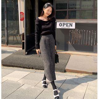 Button-up Tweed Long Pencil Skirt