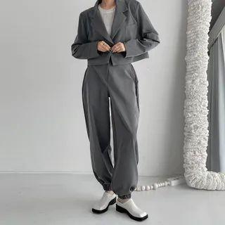 Set: Single-button Cropped Blazer + Jogger Dress Pants
