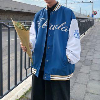 Lettering Two-tone Panel Baseball Jacket