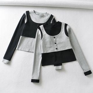 Set: Long-sleeve T-shirt + Button-up Crop Tank Top