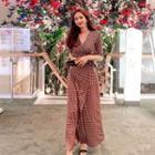 V-neck Tie-waist Print Maxi A-line Dress