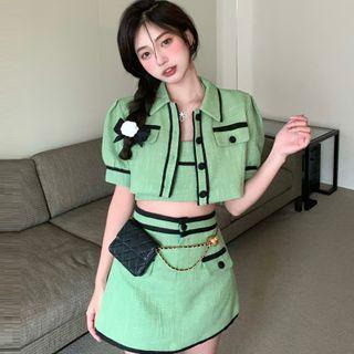 Short-sleeve Tweed Contrast Trim Cropped Jacket / Halter Top / Mini Skirt