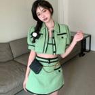 Short-sleeve Tweed Contrast Trim Cropped Jacket / Halter Top / Mini Skirt
