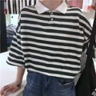 Striped Collared Elbow-sleeve T-shirt