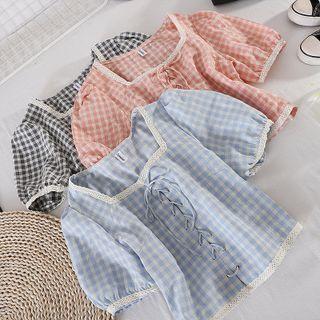 Square-neck Lace Trim Plaid Lace-up Strap Top