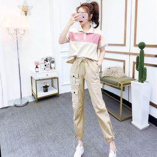 Color Block Short-sleeve Polo Shirt / Pocket Detail Cropped Harem Pants