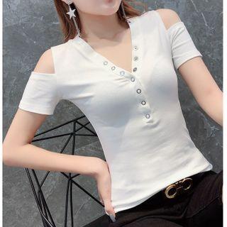 Short-sleeve Cutout Henley T-shirt