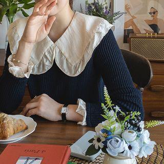 Frilled-collar Ribbed Top